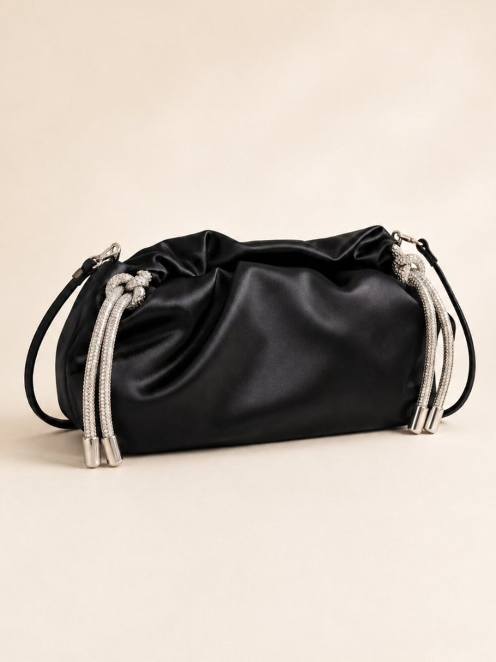 Rebecca Minkoff Tied Up Ruched Black Satin Crystal Clutch Shoulder Bag NWT